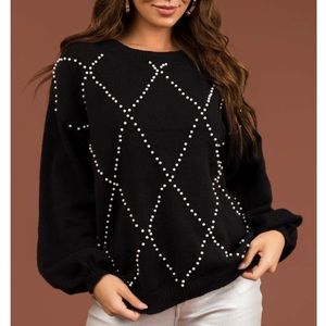 NWT Soft & Cozy Black Diamond Pattern Pearl Beaded Sweater |Size:S layering tops